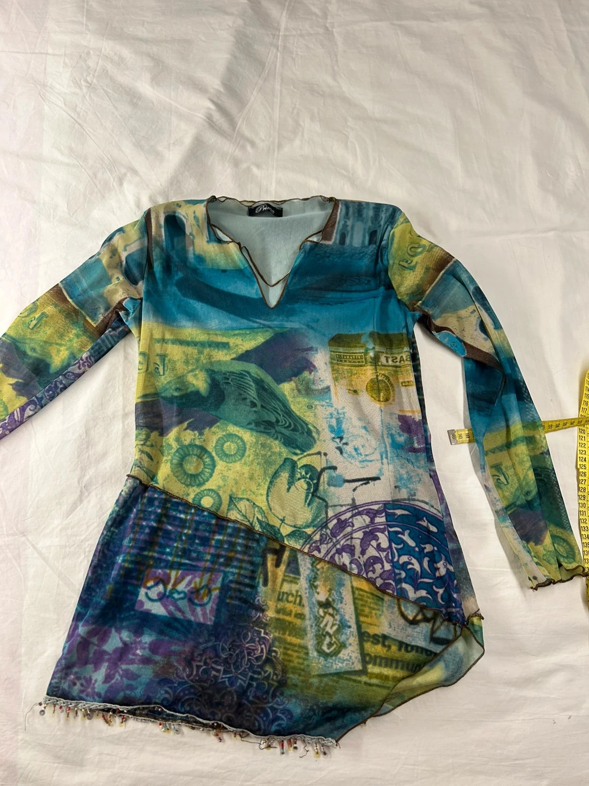 Blouse à manches longues tunique multicolore prima paris effet transparent dentelle à motifs vintage